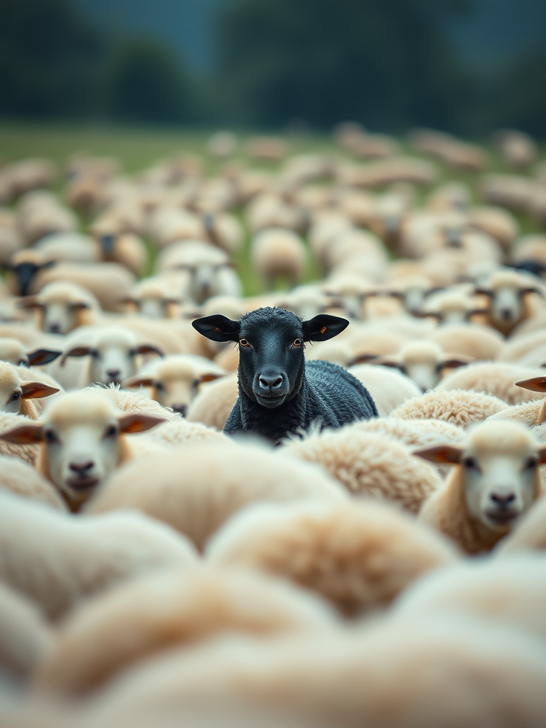 a field of sheep with a black sheep in the middle
