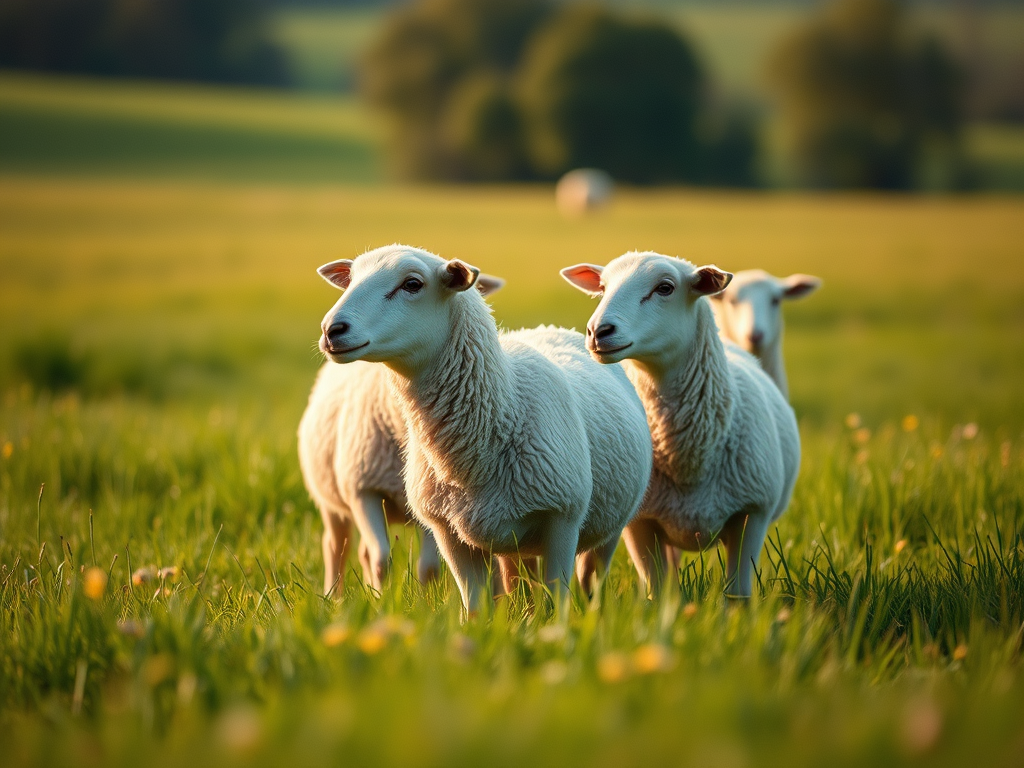 sheep in a beautiful field facing different directions
